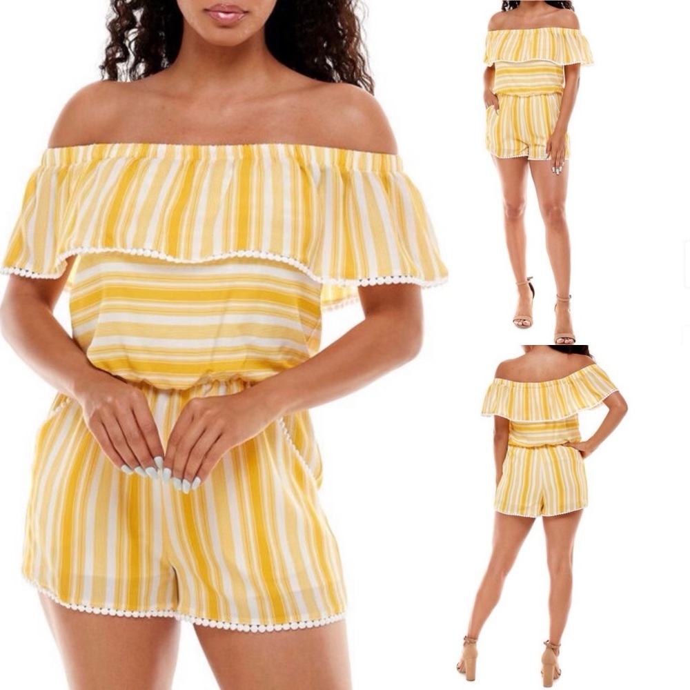 NWT Off the Shoulder Romper Yellow/White Premier Amour